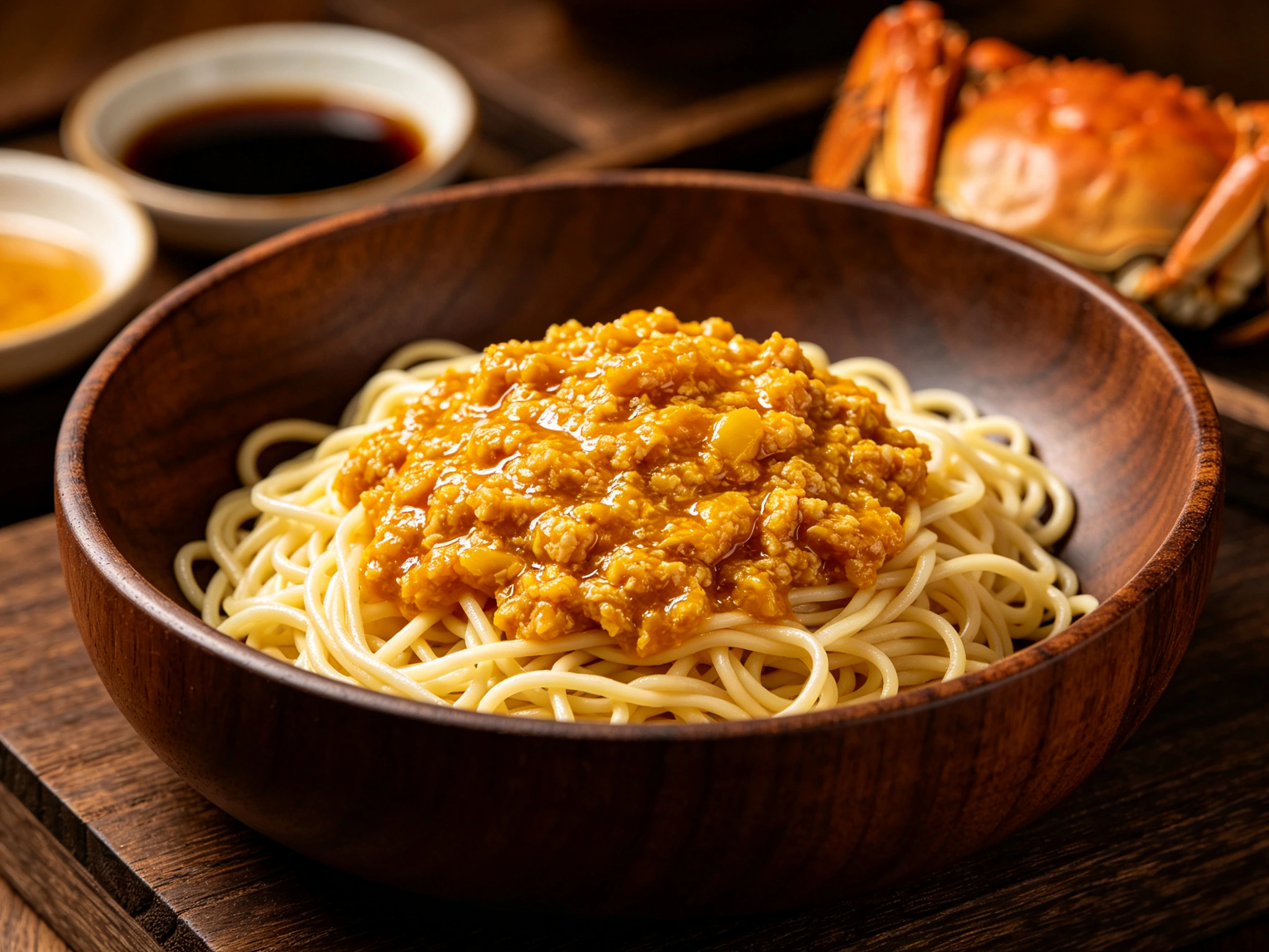 Crab roe noodles with a golden sauce
