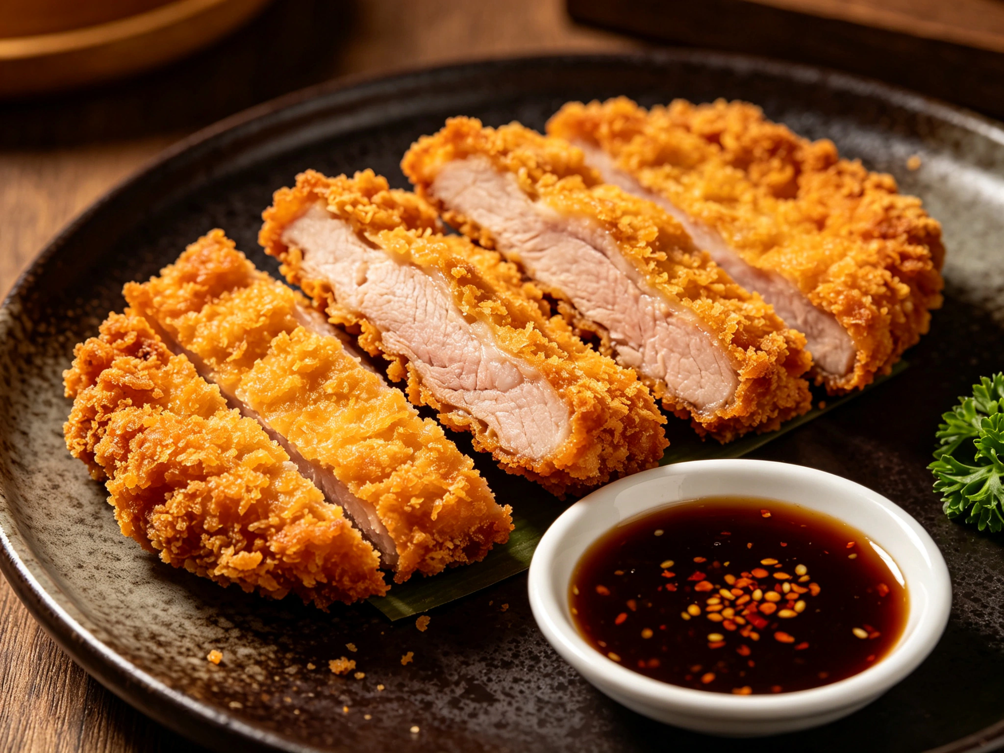 A crisp Shanghai fried pork chop with dipping sauce