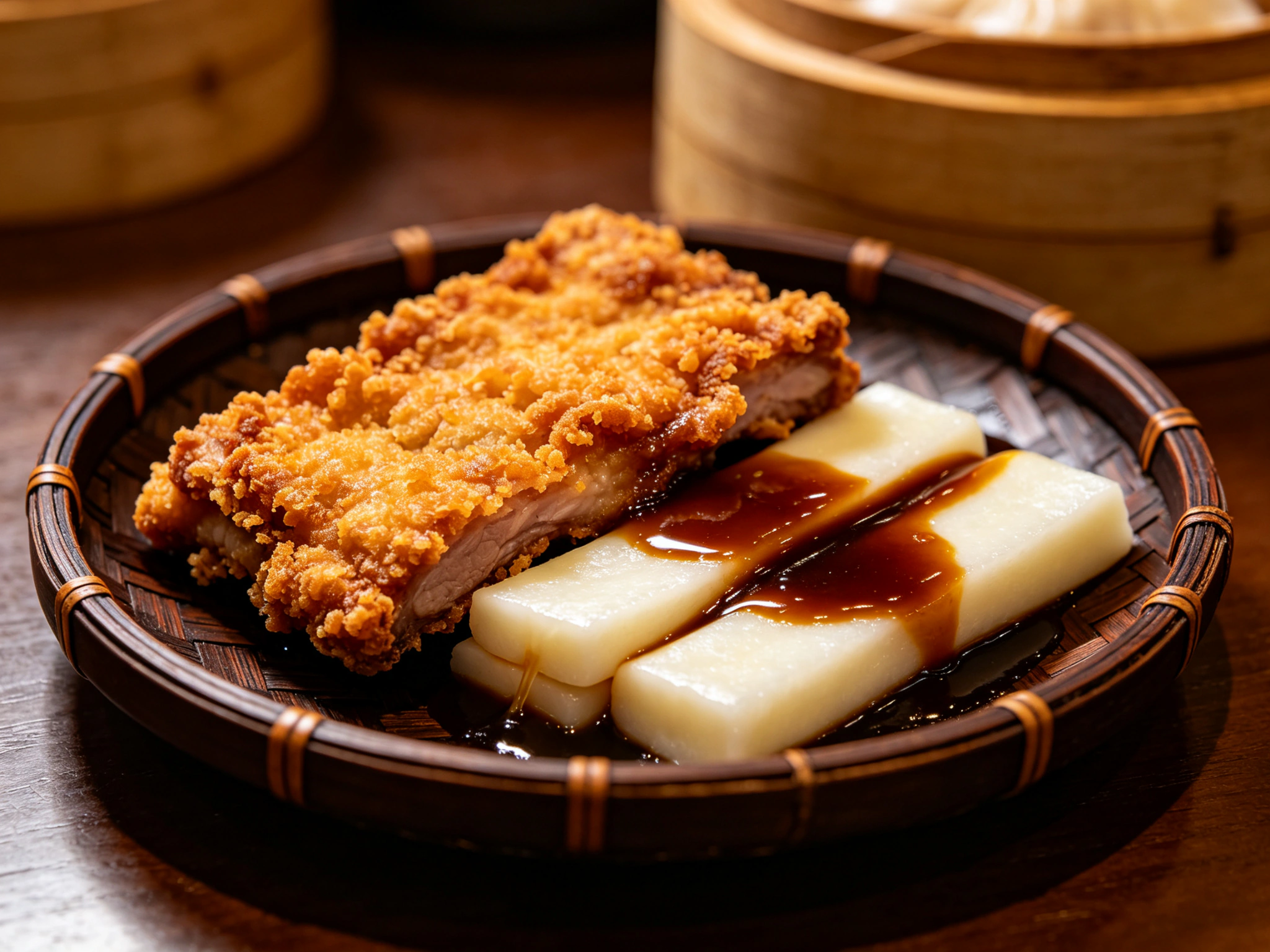 A fried pork chop with thick rice cakes and brown sauce