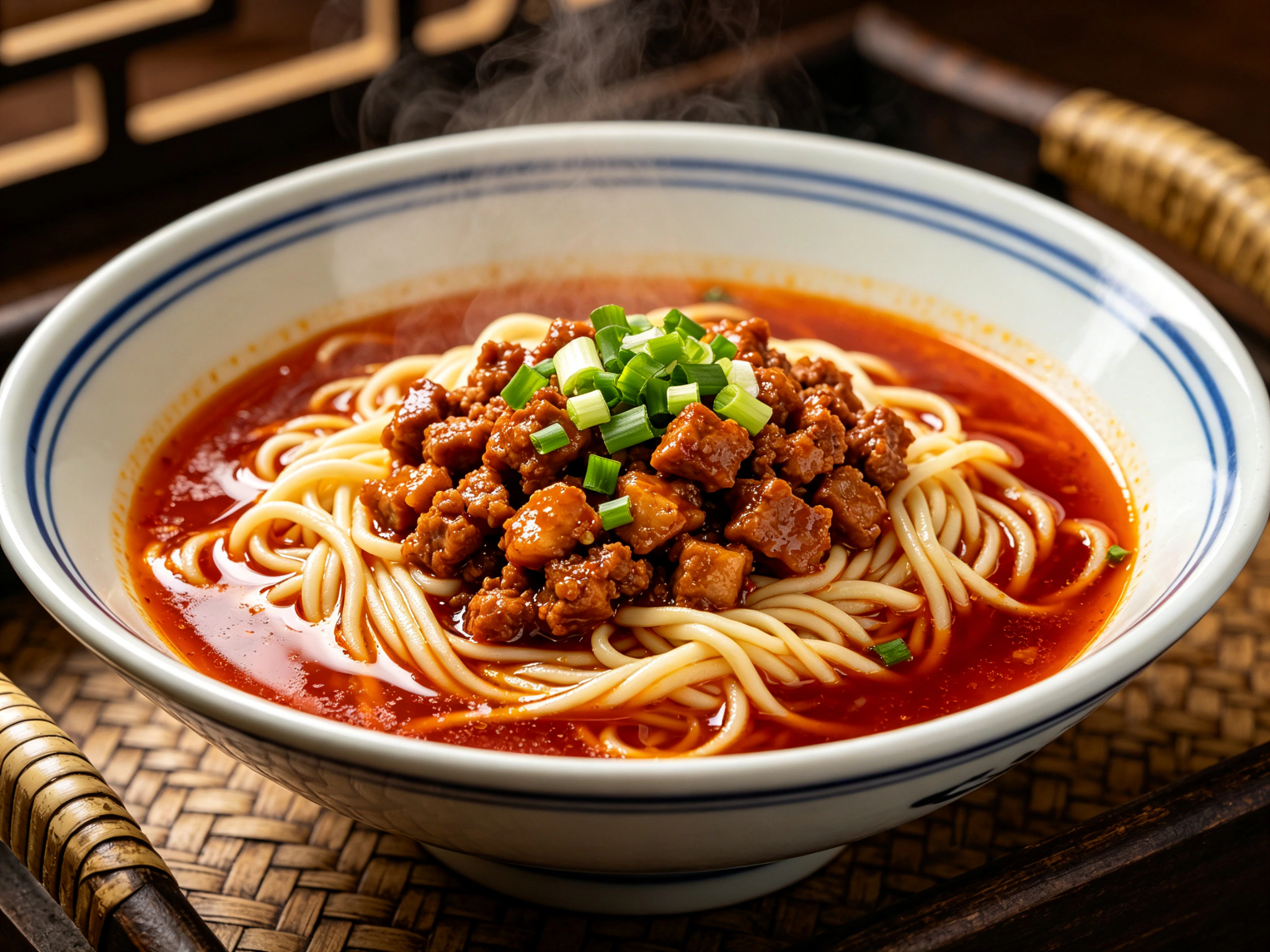 Noodles topped with spicy minced pork