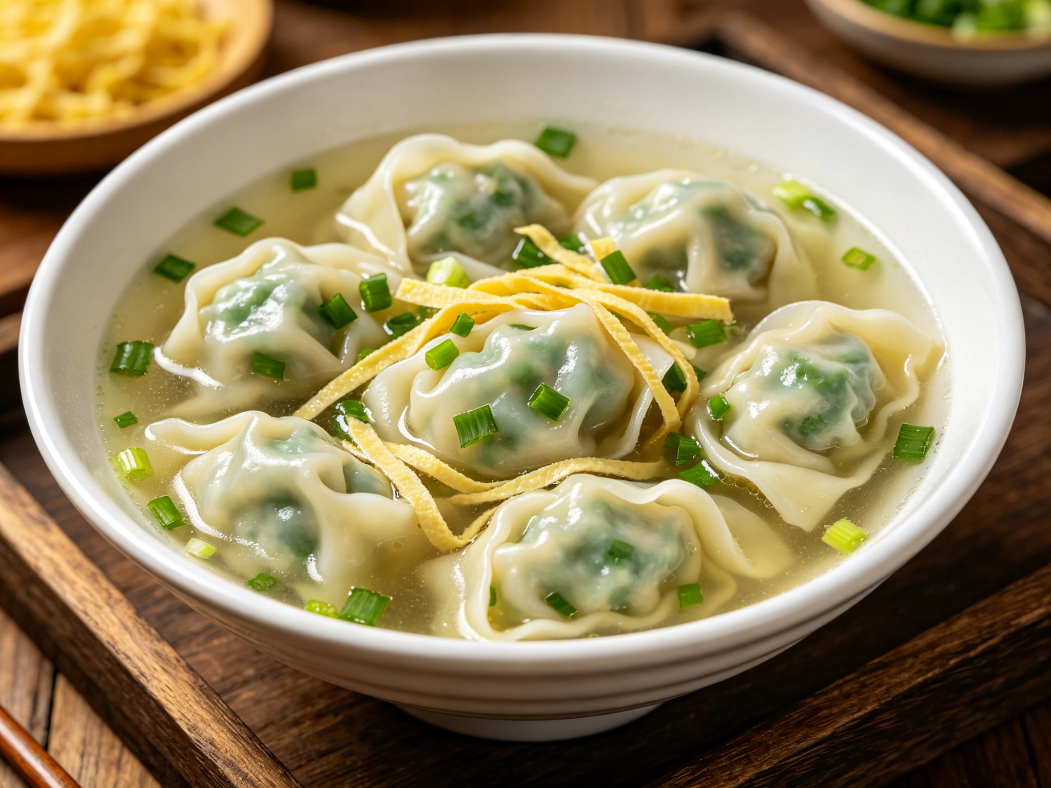 Pork-and-greens wontons in a clear broth