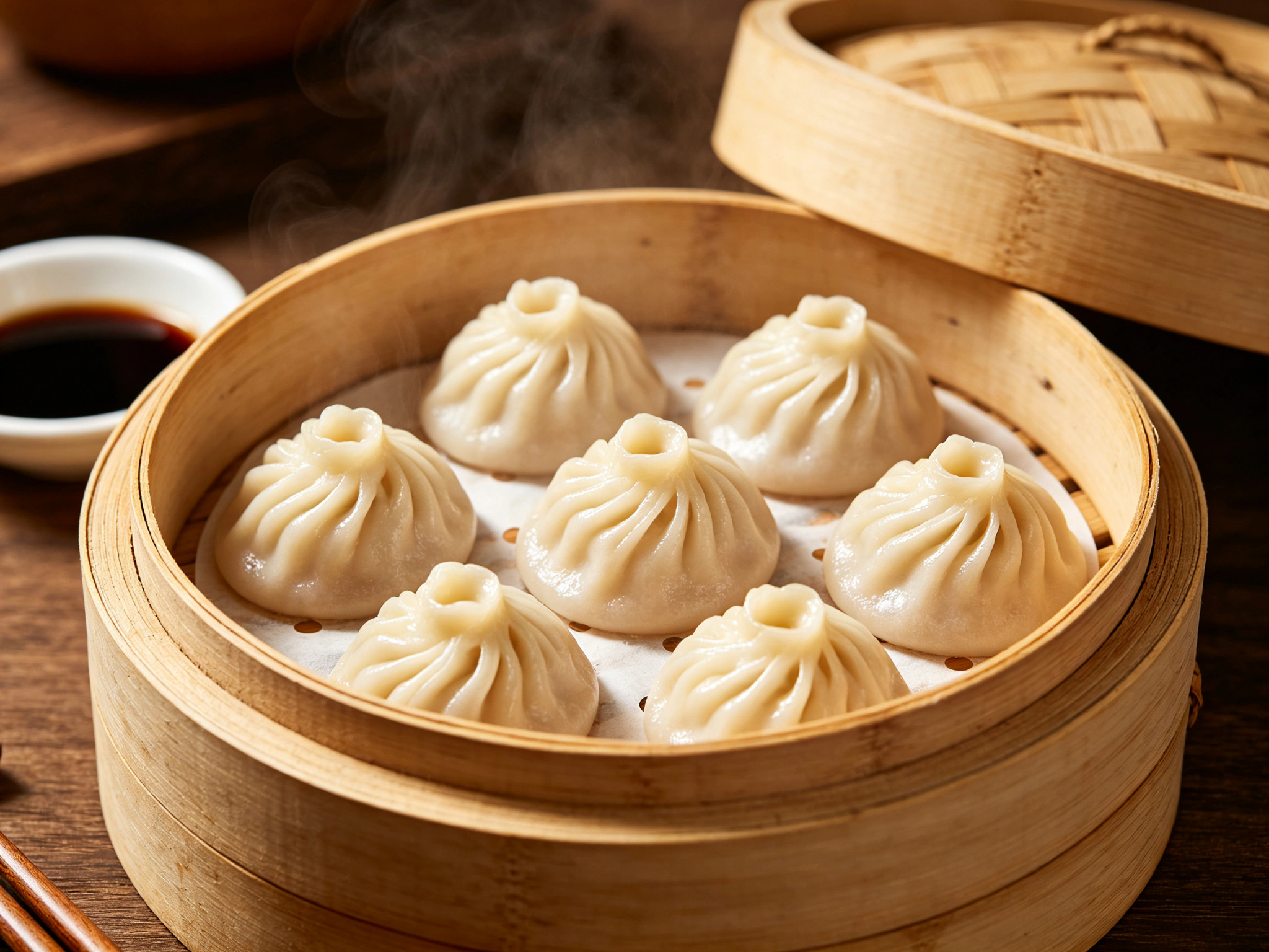 A basket of soup dumplings with steam and vinegar